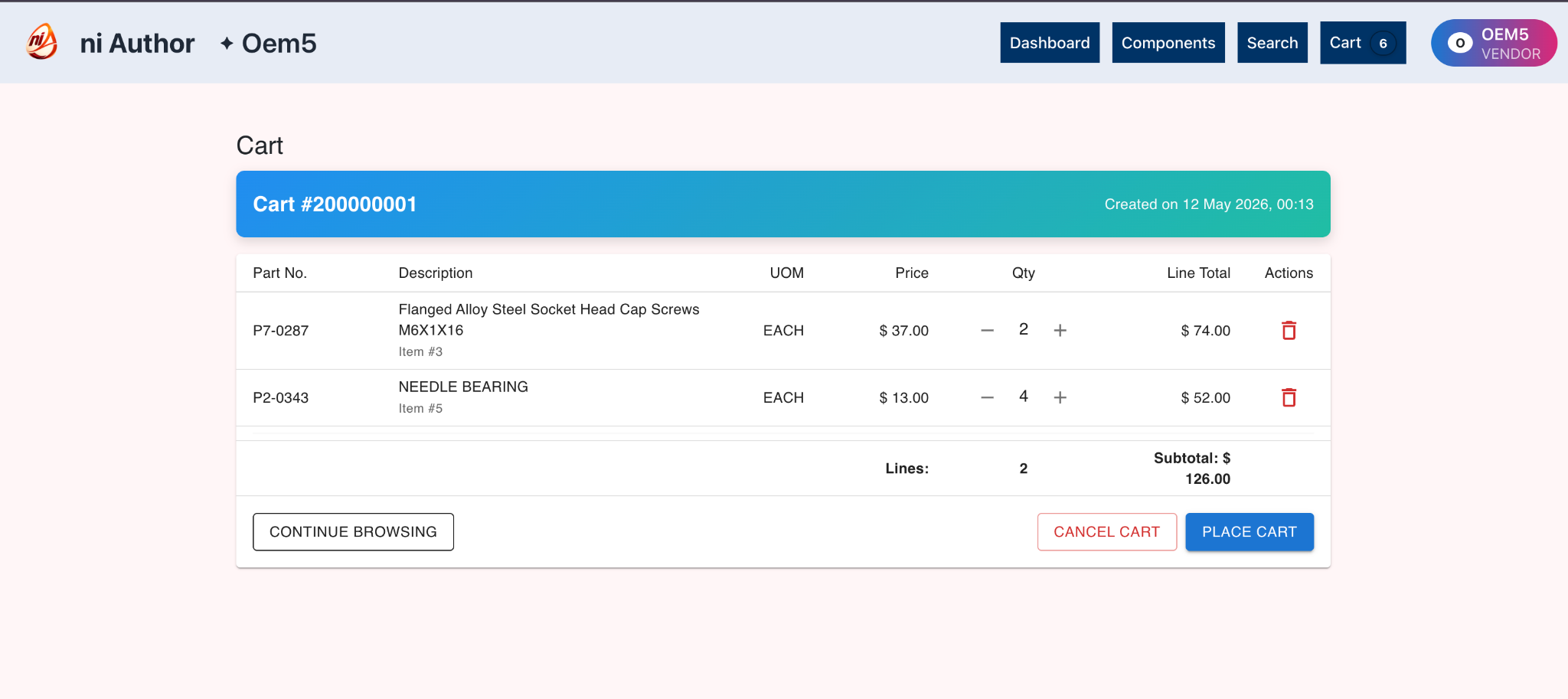 Cart summary showing selected items and final action buttons