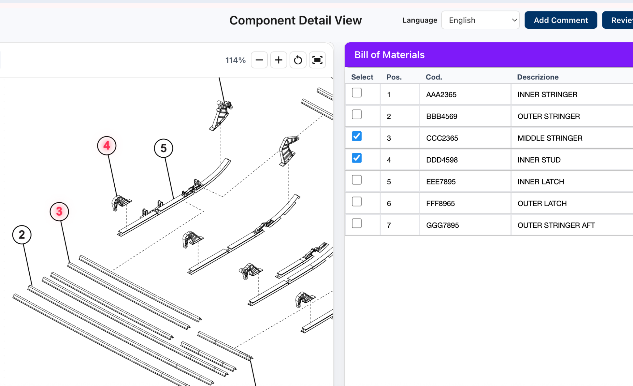 niAuthor interactive parts catalog screen with SVG callouts and bill of materials