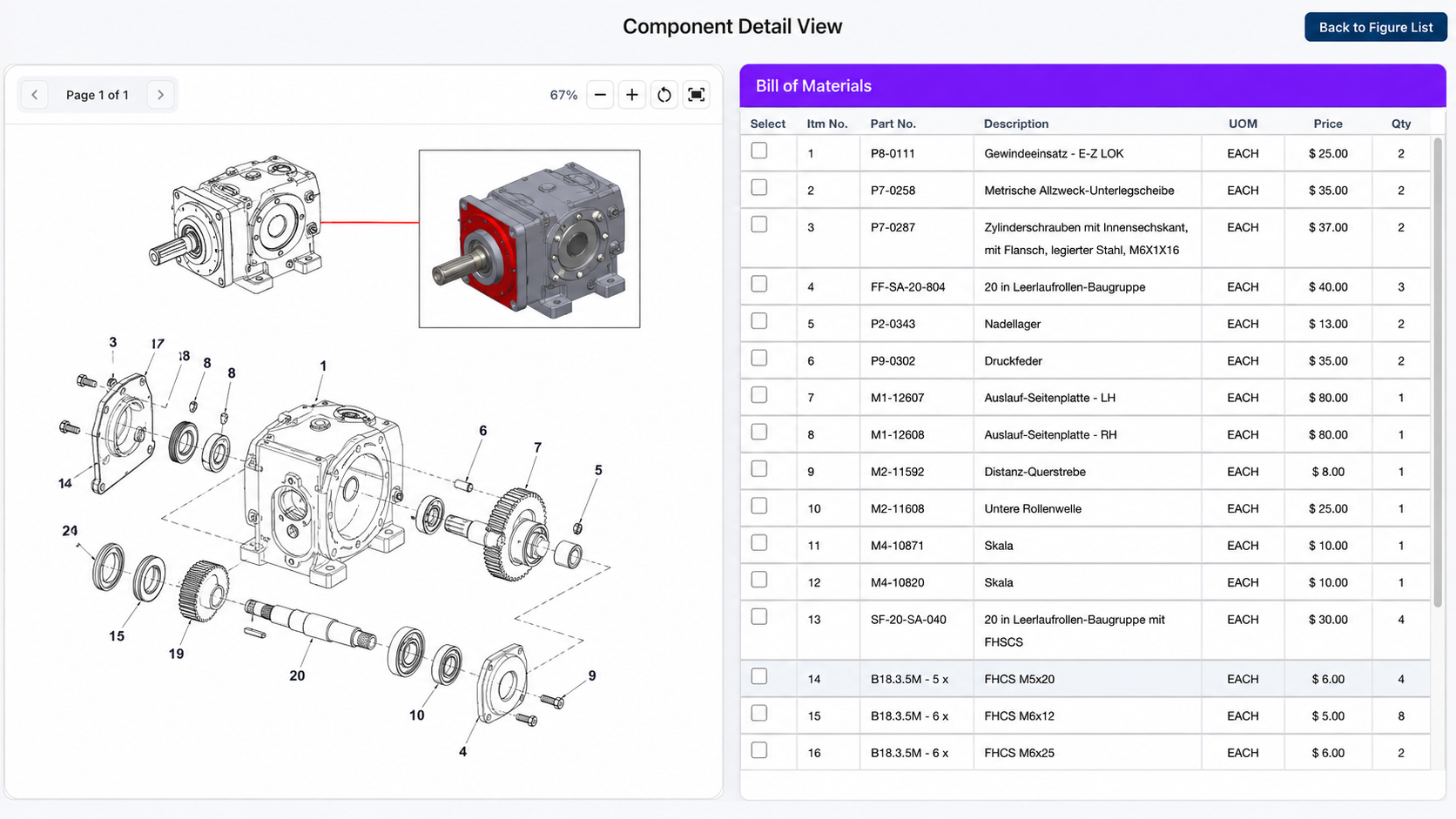 Component Detail View with translated German BOM on the right side